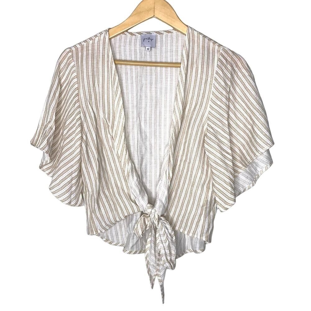 Polly Tan Cream Stripe Tie Front Butterfly Sleeves Cropped Cover Up Top 10 !